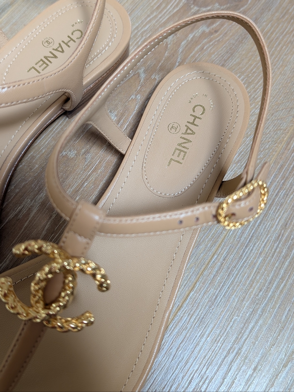 CHANEL Tan Leather T-Strap Sandals with Gold CC Hardware - Picture 7 of 9